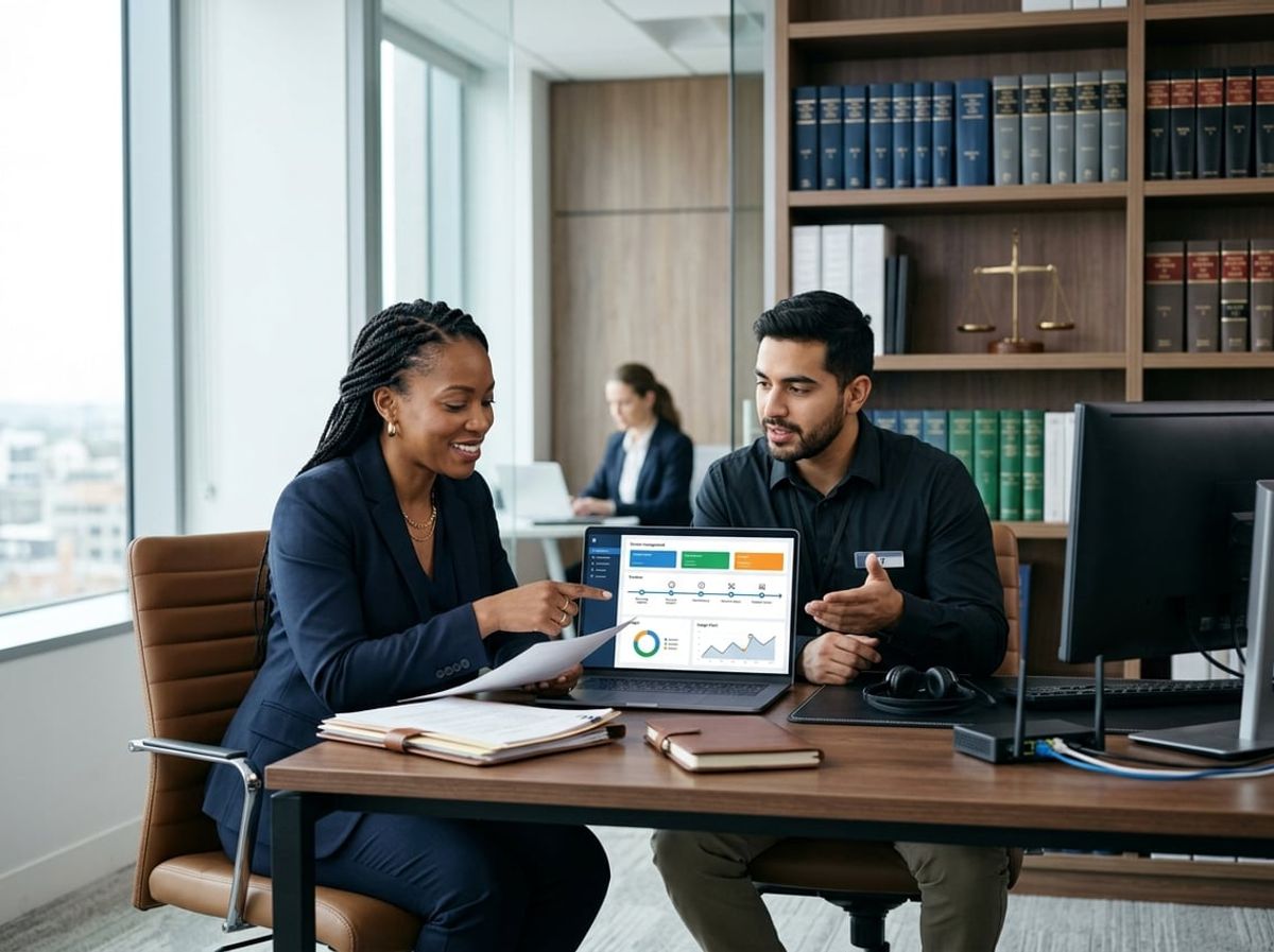 Attorney and IT specialist compare pricing models on a laptop in a legal office