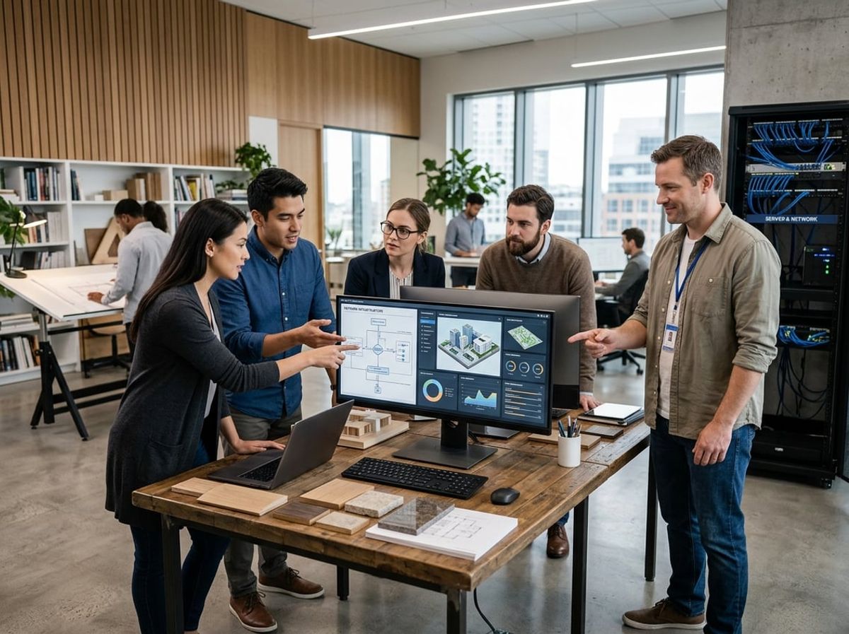 Design team and IT specialist examine network equipment inside a modern architecture office