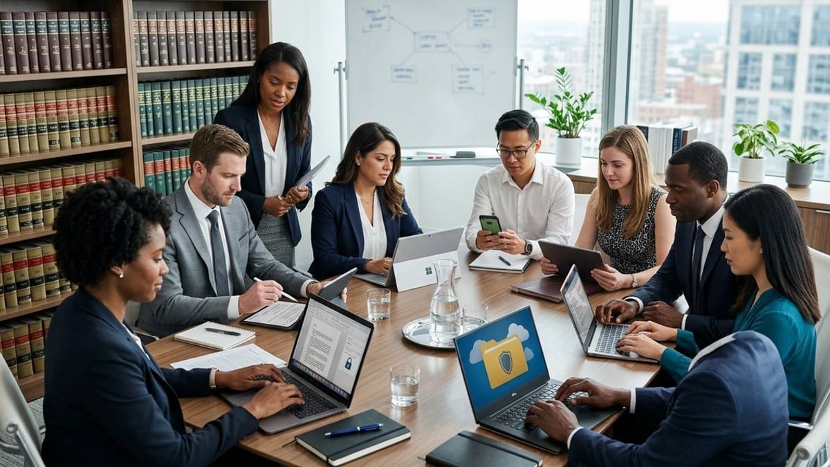 Law firm partners reviewing BYOD policies for law firms on a laptop in a NYC office
