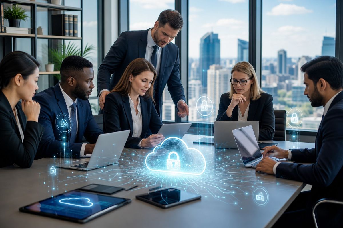 A group of lawyers and IT professionals collaborating around a conference table with laptops, with digital security icons floating above them in a modern office.