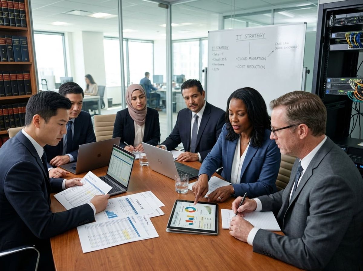 A group of professionals in a law firm office discussing IT budget with laptops and documents on a conference table.