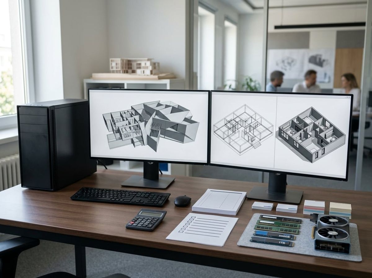Workstation displaying architectural 3D models beside printed budget planning documents on a desk