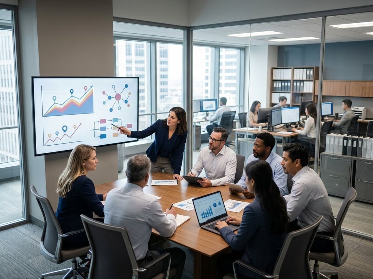 Legal team gathered around a chart mapping out firm growth and technology needs