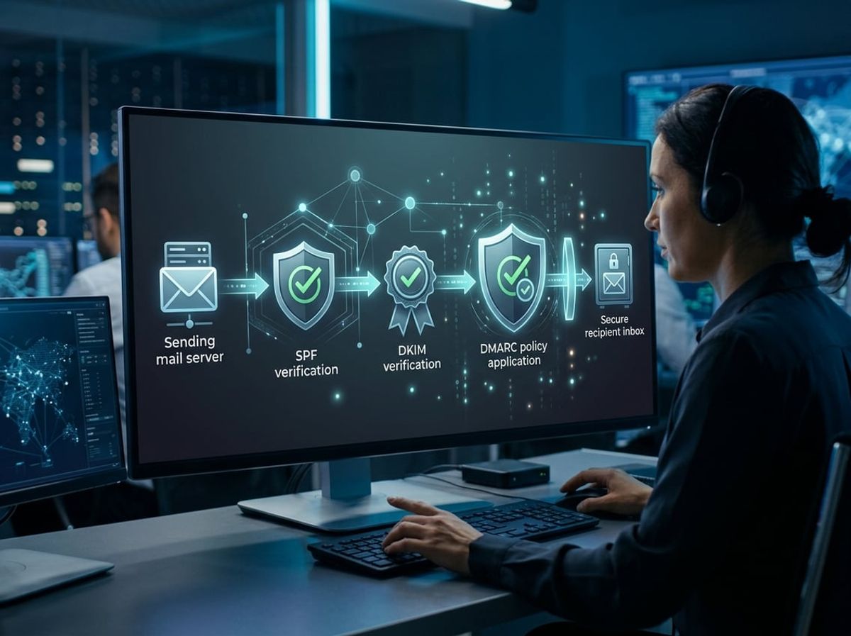 Security professional tracing an email as it passes through authentication checkpoints on screen