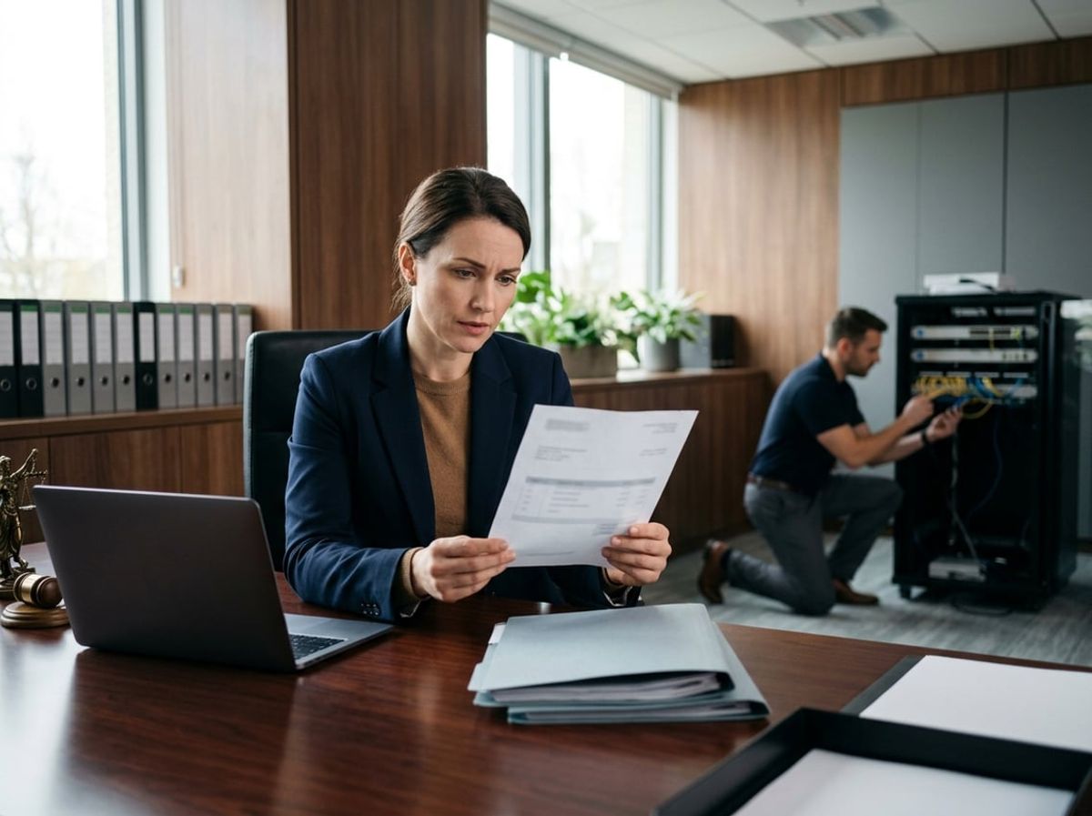 Lawyer examines an invoice while a technician inspects office network hardware