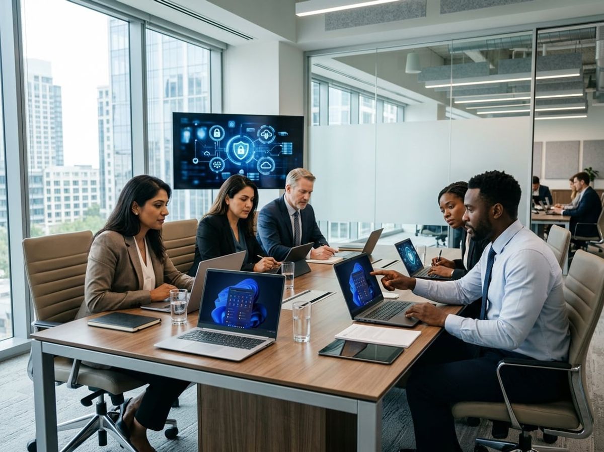IT staff and attorneys reviewing security dashboards on screens in a law office setting