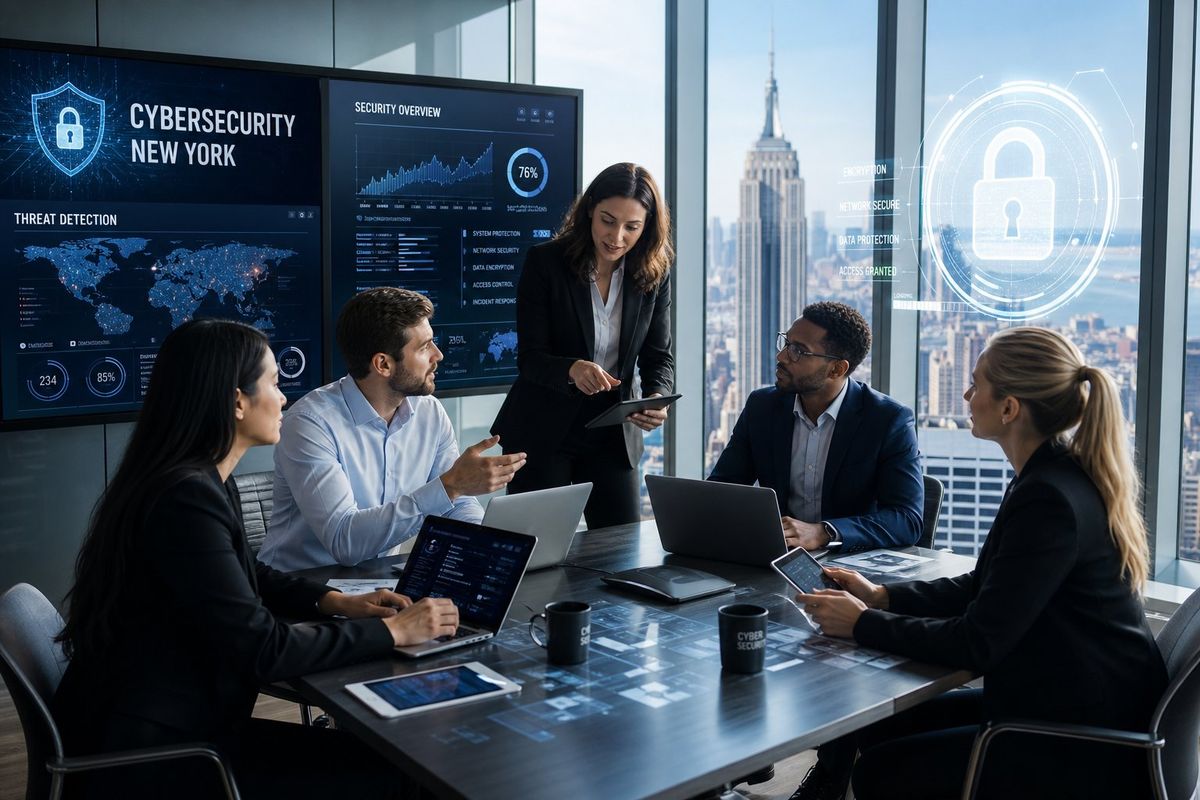 A group of professionals working together around a table with laptops and monitors showing cybersecurity data, with a city skyline visible through windows.