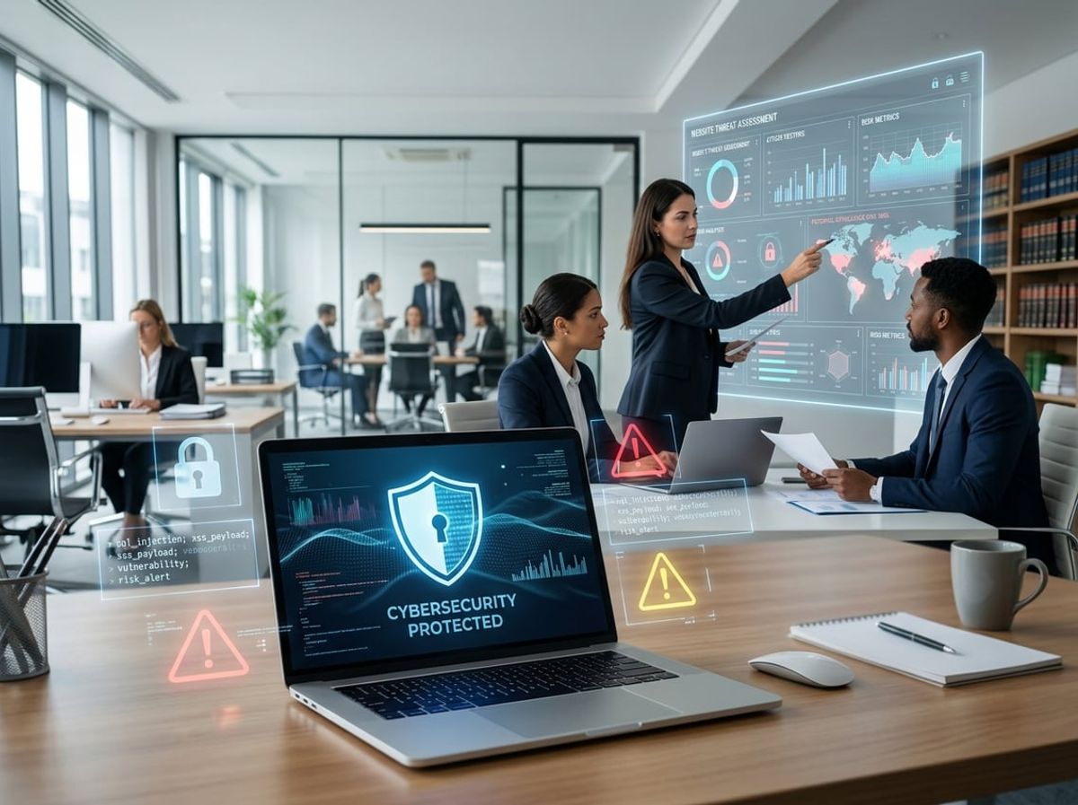 Law firm staff discussing vulnerability findings around a laptop with security overlay icons