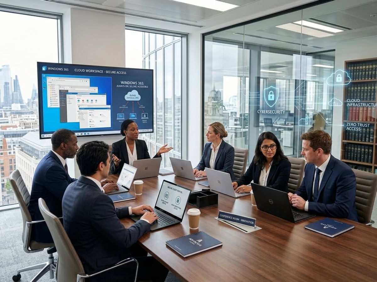 Legal professionals comparing cloud desktop screens to older VPN systems in a modern office