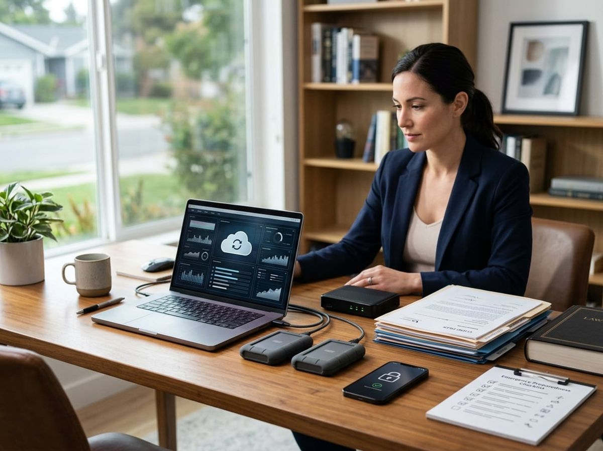 External backup drives and networking hardware set up to protect client files from data loss