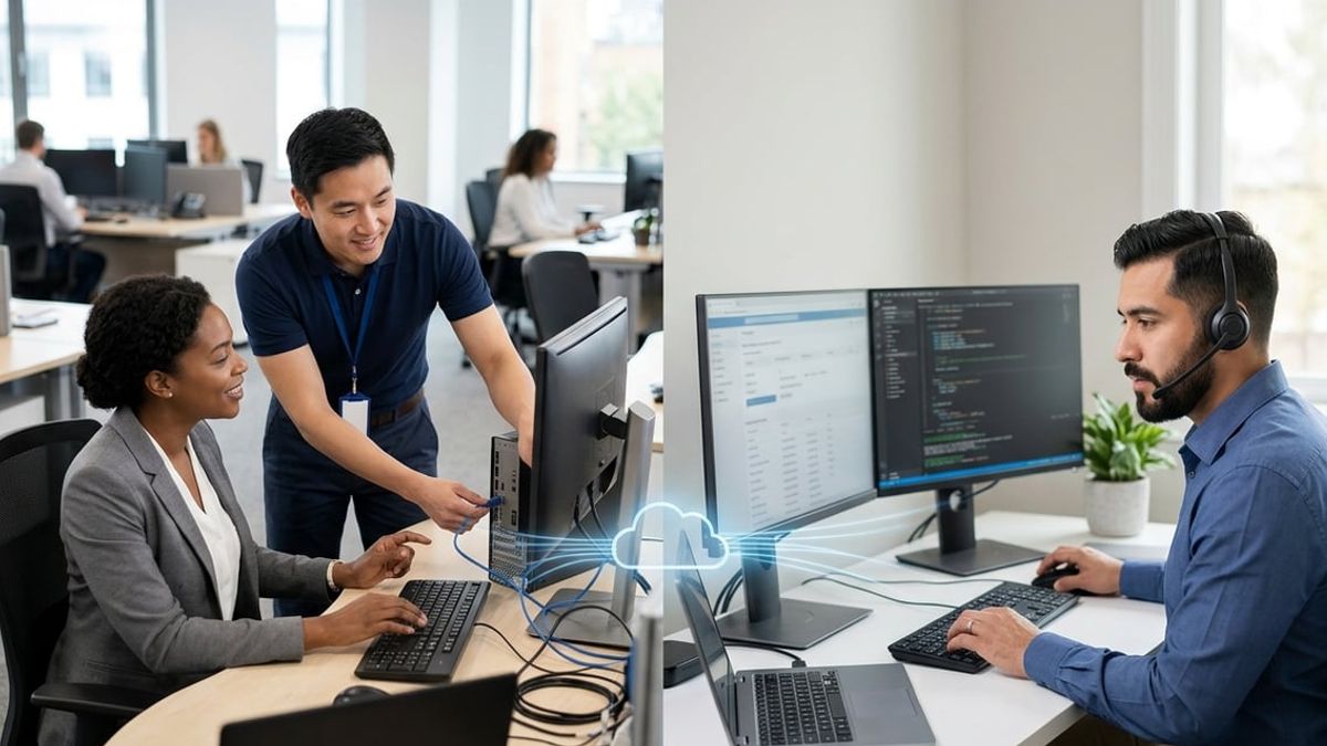 Law firm partners reviewing onsite vs remote IT support controls in a NYC office