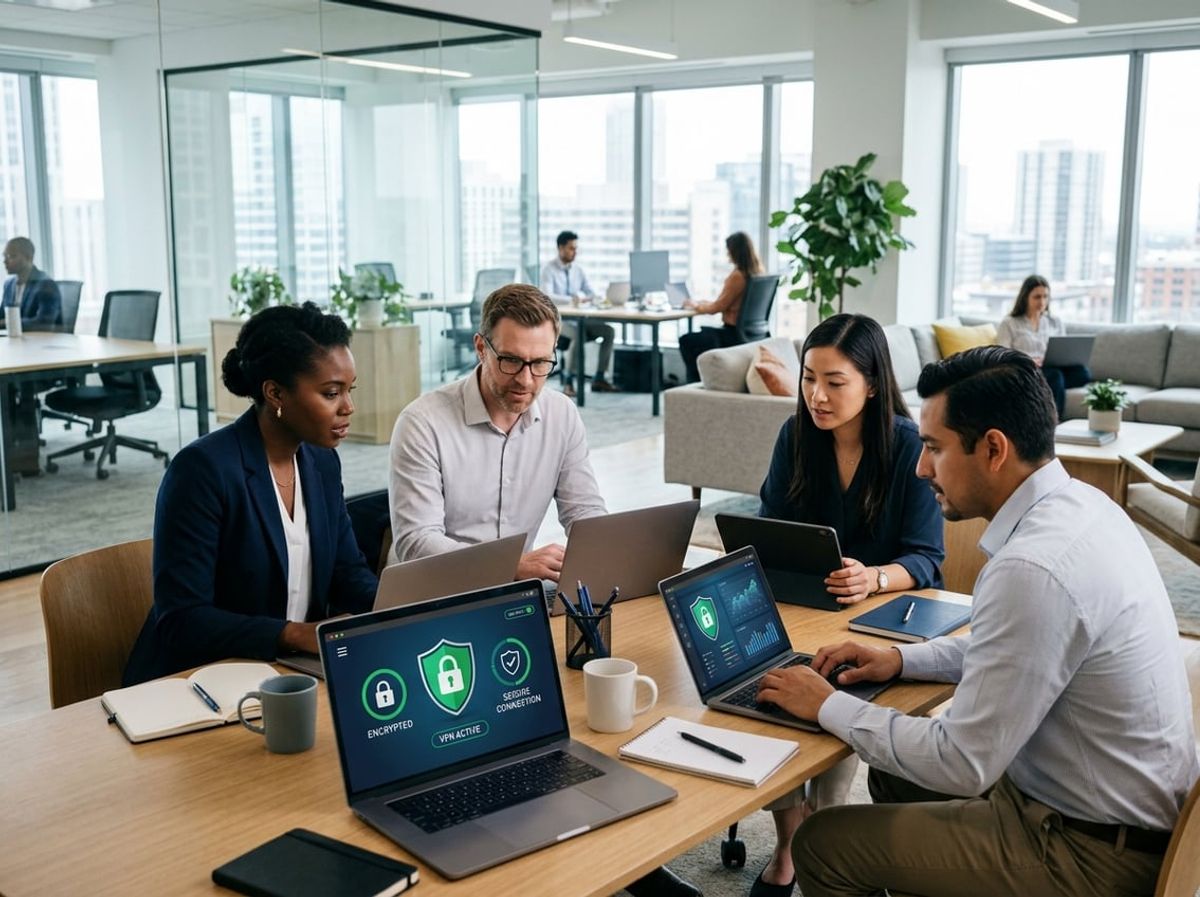 Professionals viewing security software dashboards while planning remote work protections