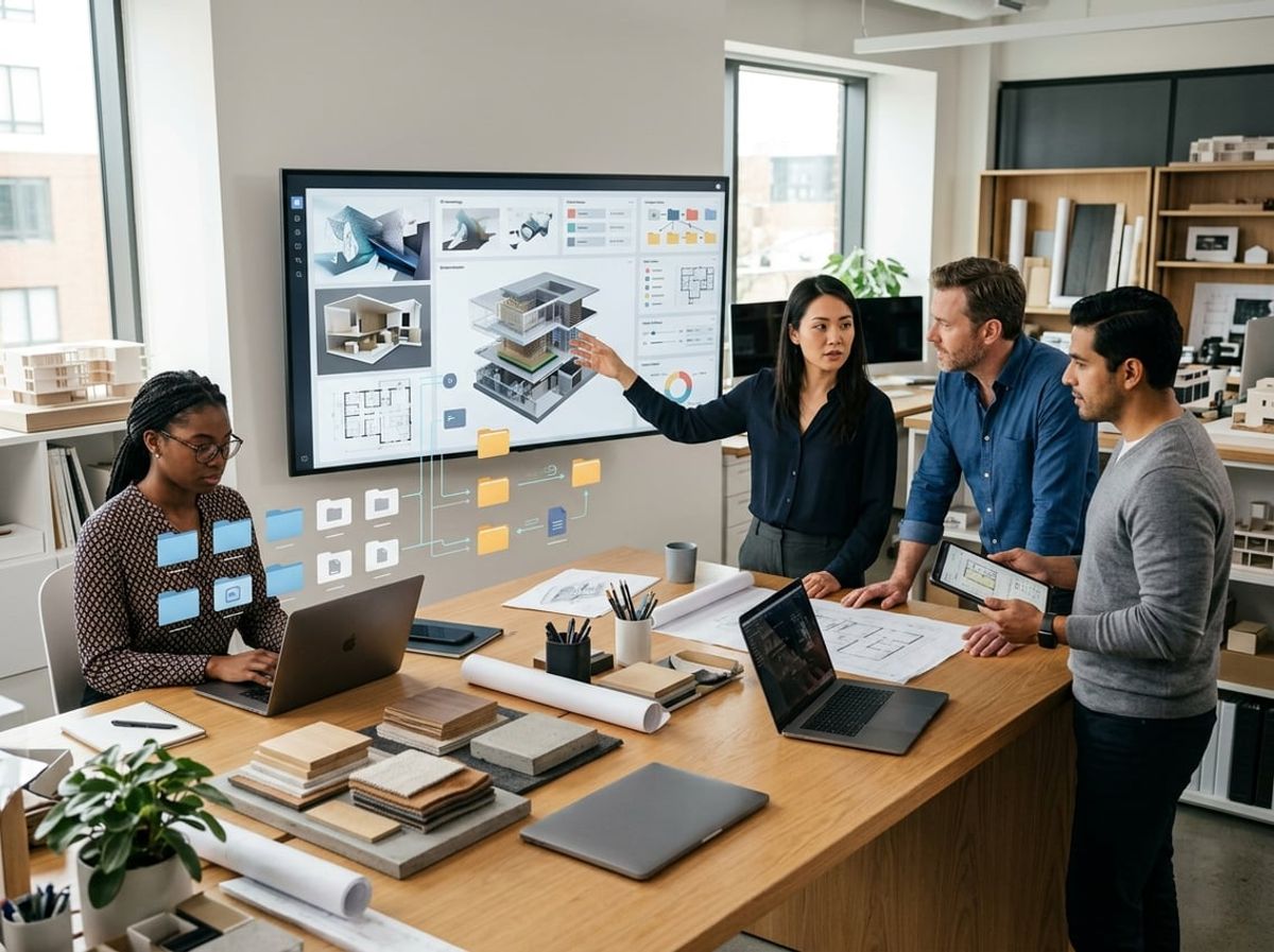 Architects gather around a desk reviewing large Revit and CAD project files on screens