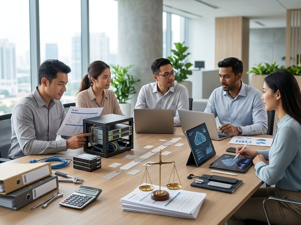 Project manager compares budget spreadsheets weighing server hardware costs against cloud subscription fees