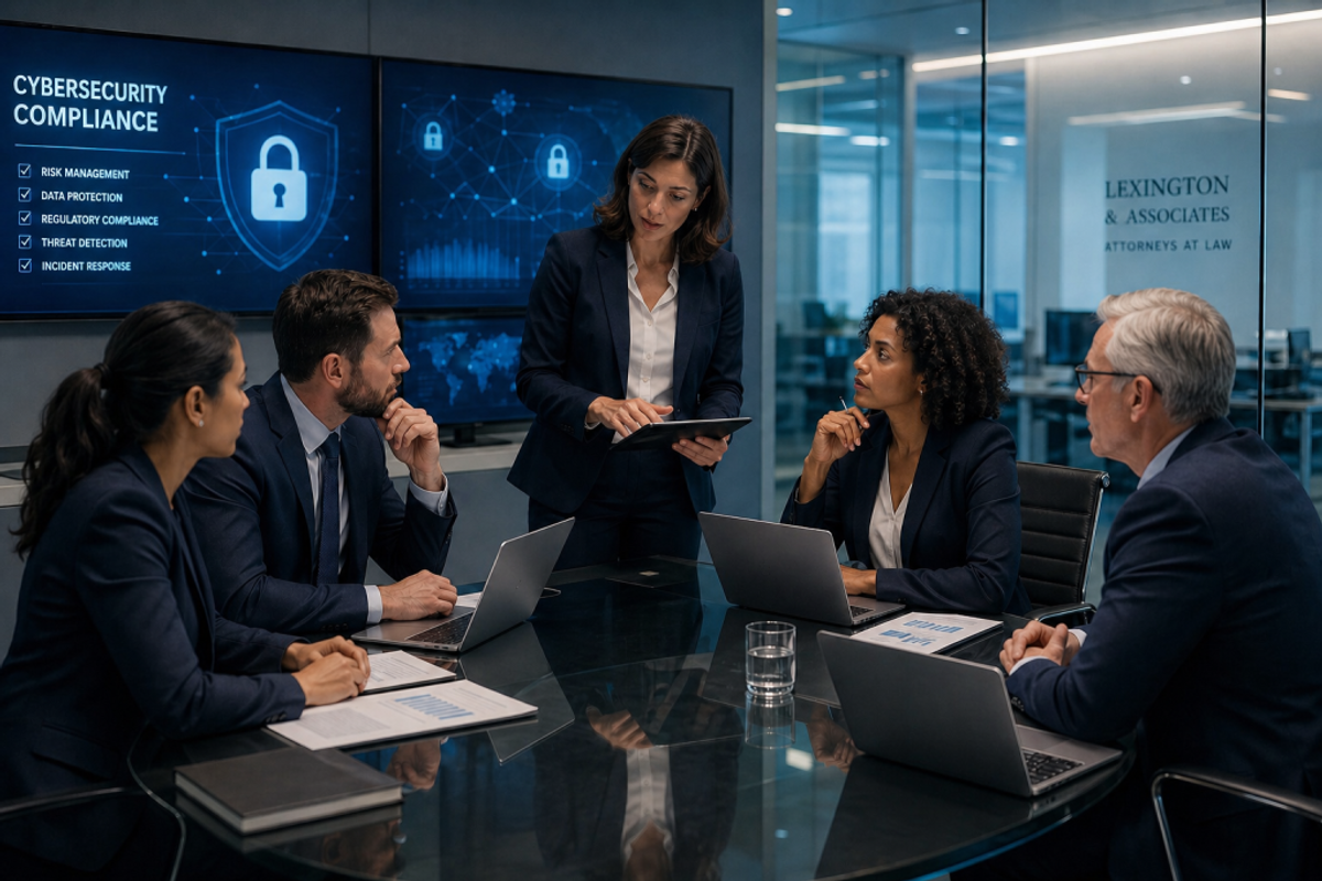 A group of business professionals in a law firm office collaborating around a table with laptops and digital devices showing cybersecurity visuals.