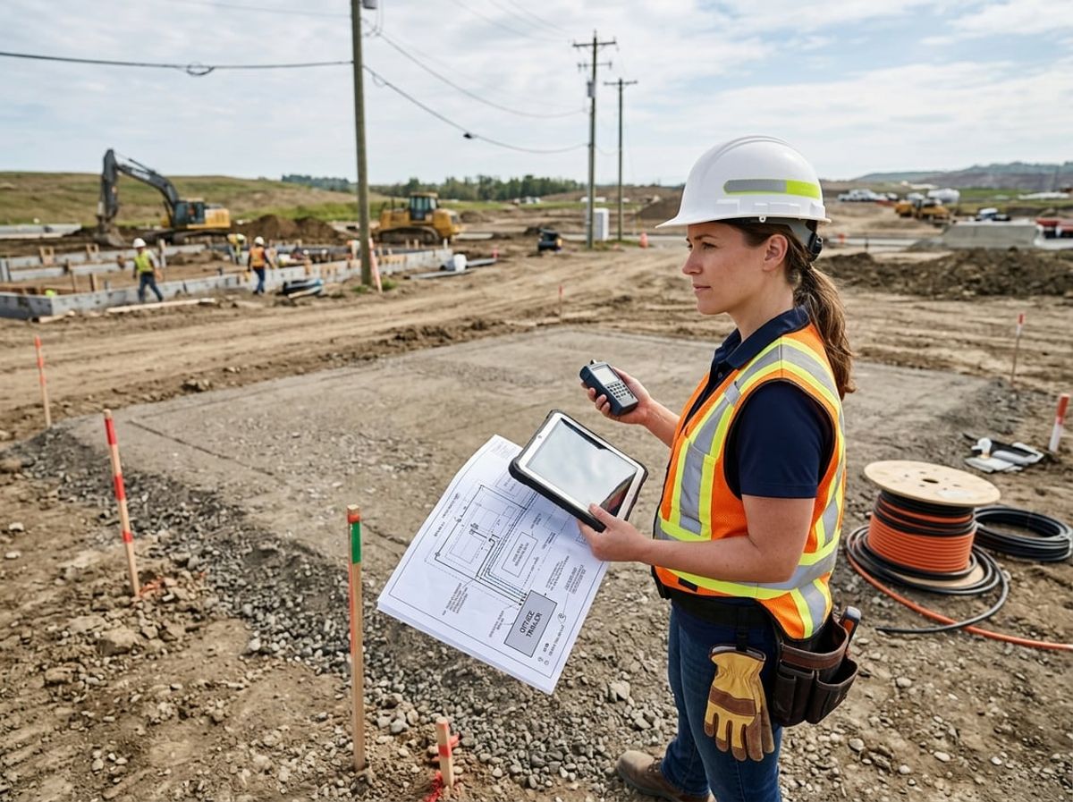 Project manager surveys an open lot while planning where the site trailer will sit