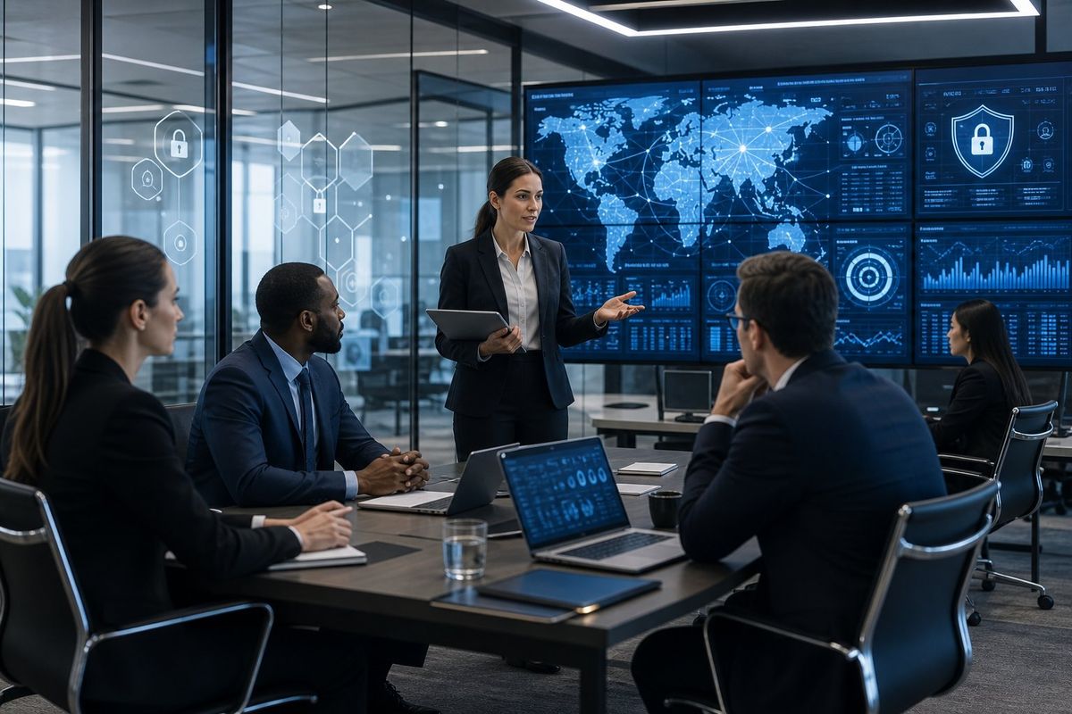 A group of legal professionals working together in a modern office with computer screens showing cybersecurity data.