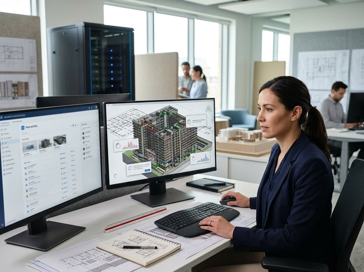 BIM coordinator checks a network file path while a construction model loads on screen