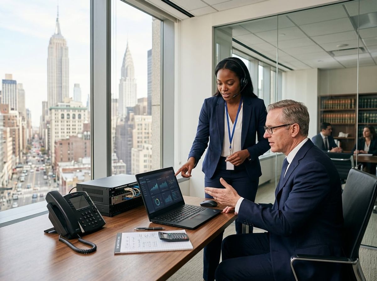 IT consultant explains monthly service pricing to attorneys in a New York City law office