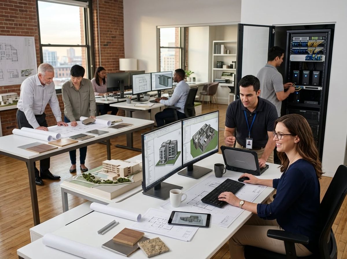 Architects working alongside an IT professional reviewing monthly support tasks at a desk