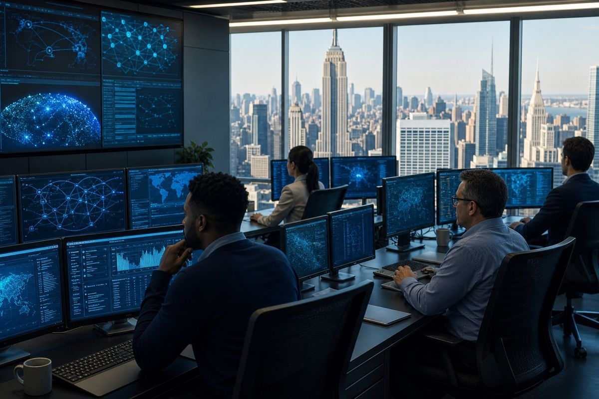 IT professionals working in a cybersecurity operations center with computer monitors and a view of the New York City skyline.