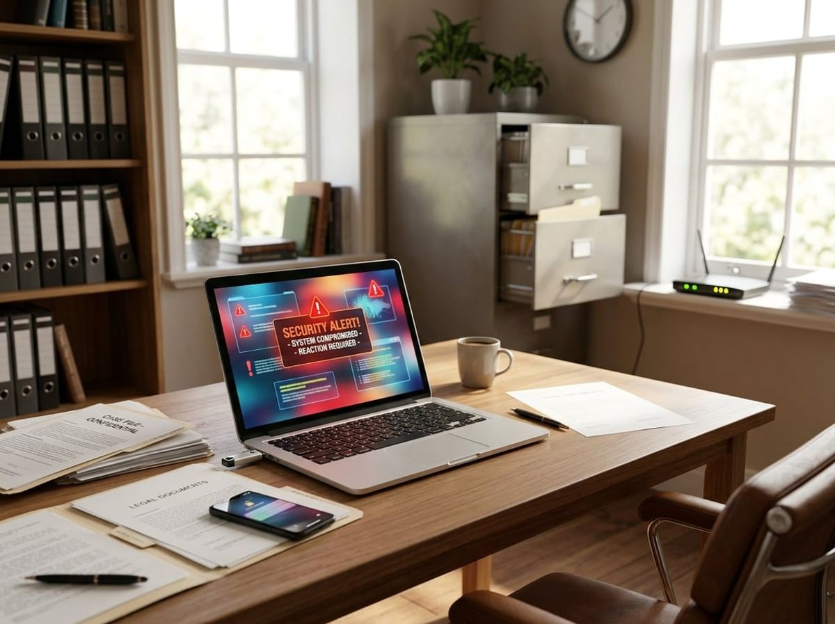 Cluttered desk with an unlocked laptop and scattered client documents illustrating poor remote security habits