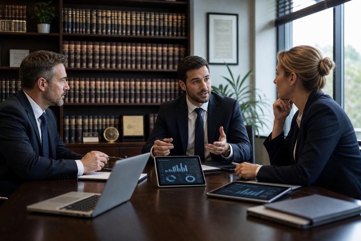 An IT consultant discussing technology solutions with two lawyers in a modern law office conference room.