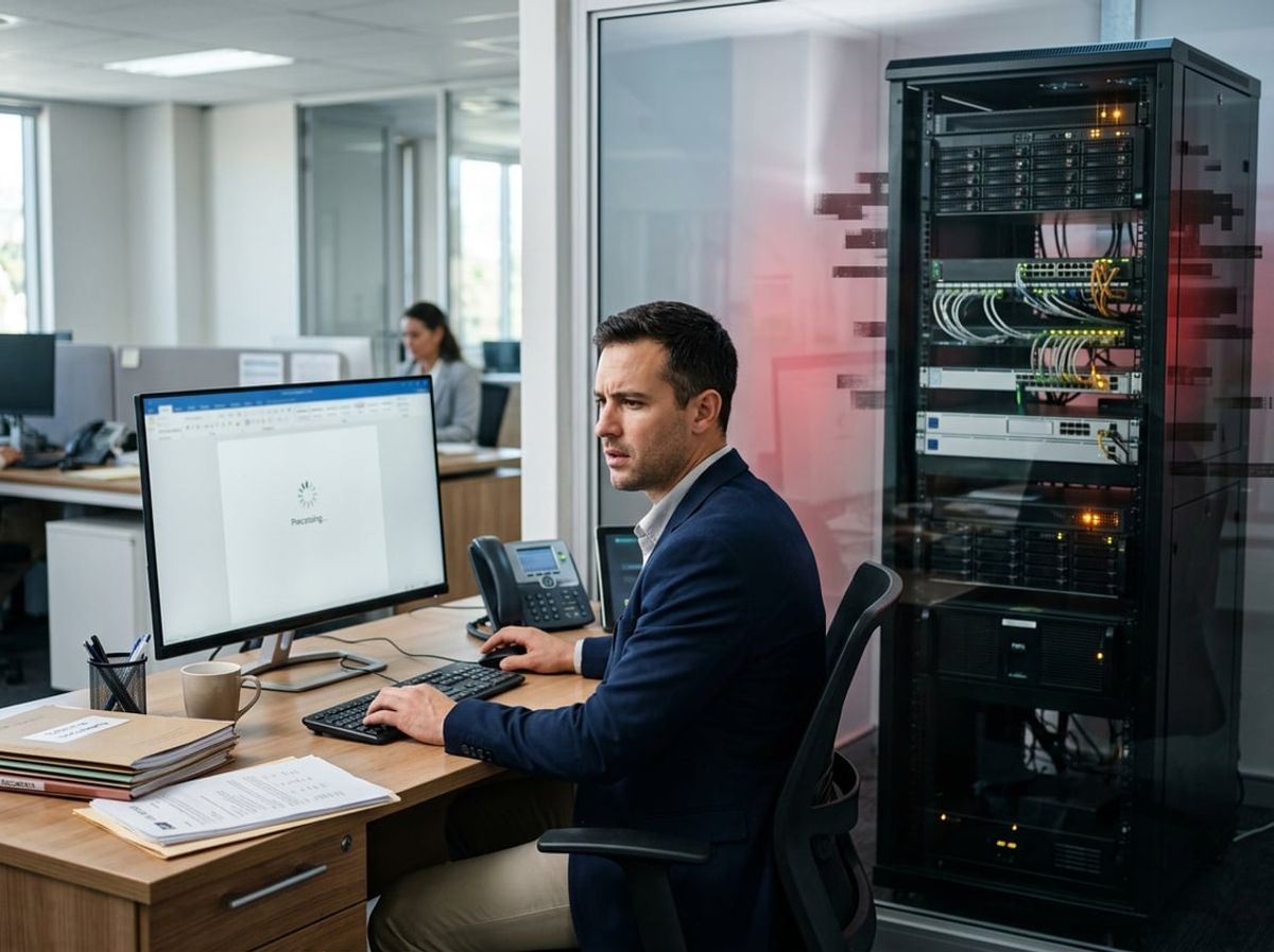 Suspicious login alert glowing on a law office monitor beside a busy network server