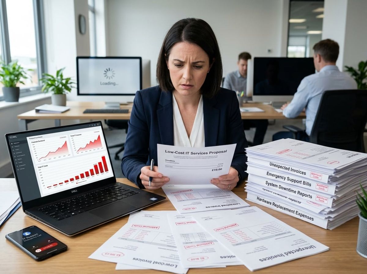 Manager looks over surprise IT invoices on a laptop after signing a discount contract