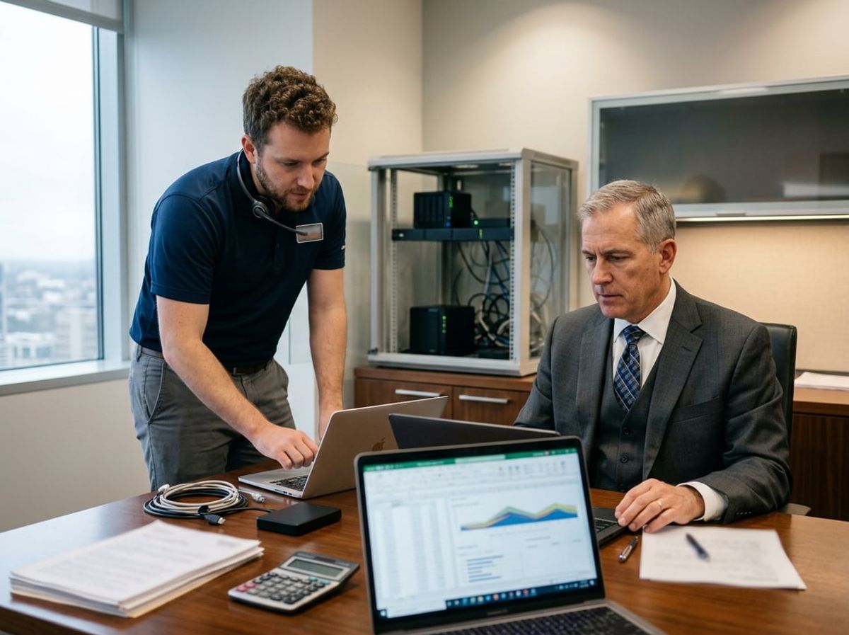 Technician examines network equipment while an attorney notes overlooked service costs