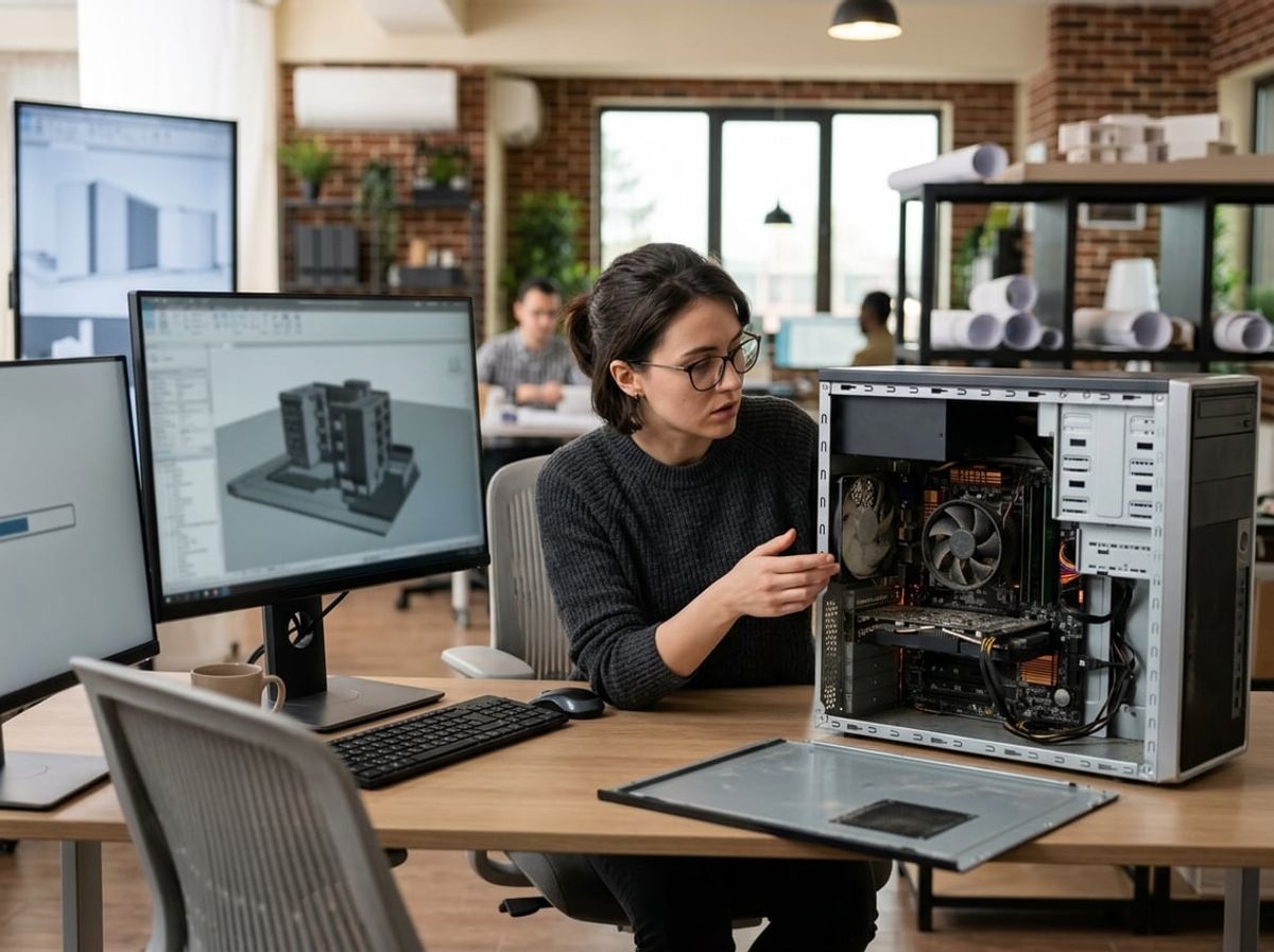 Technician opens a desktop tower beside a monitor showing a blurred, lagging building model