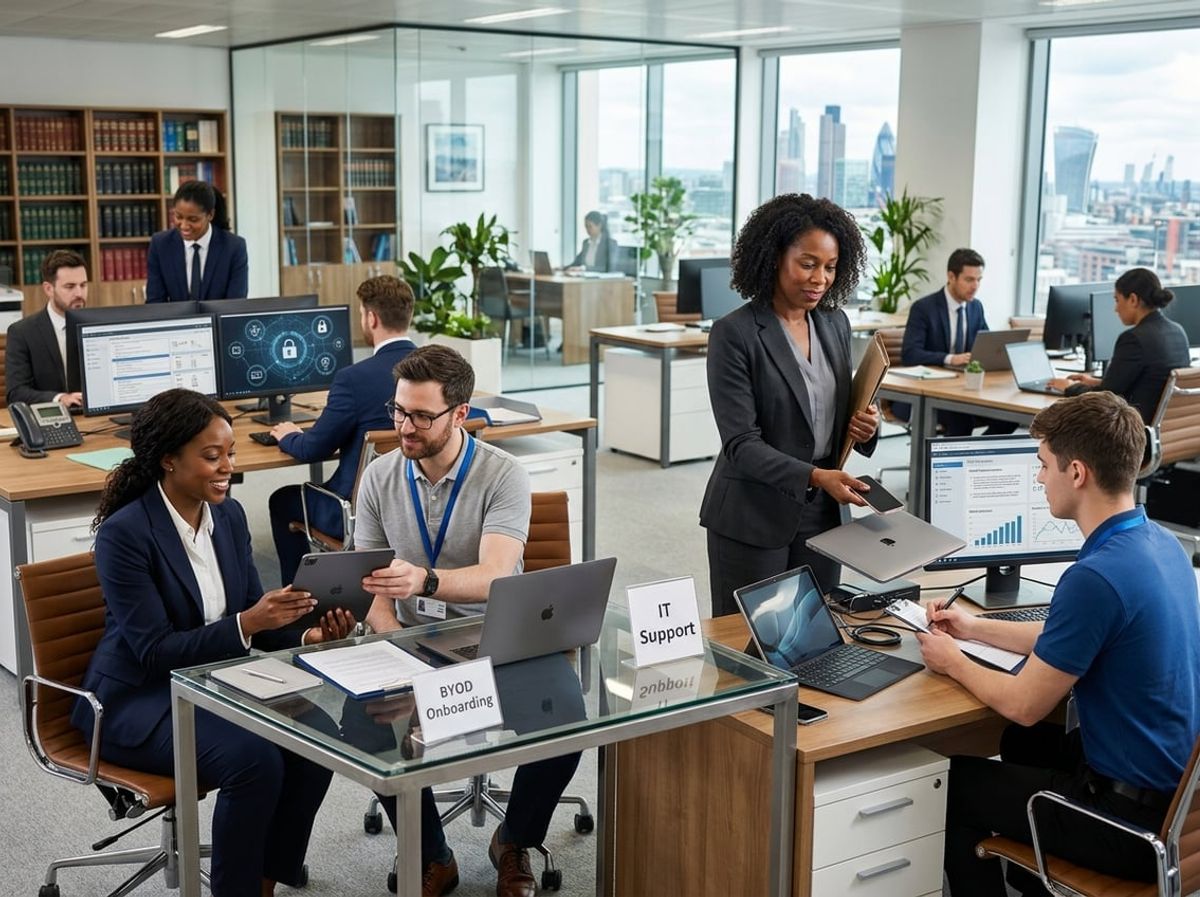 New associate receiving a firm issued device during an onboarding meeting