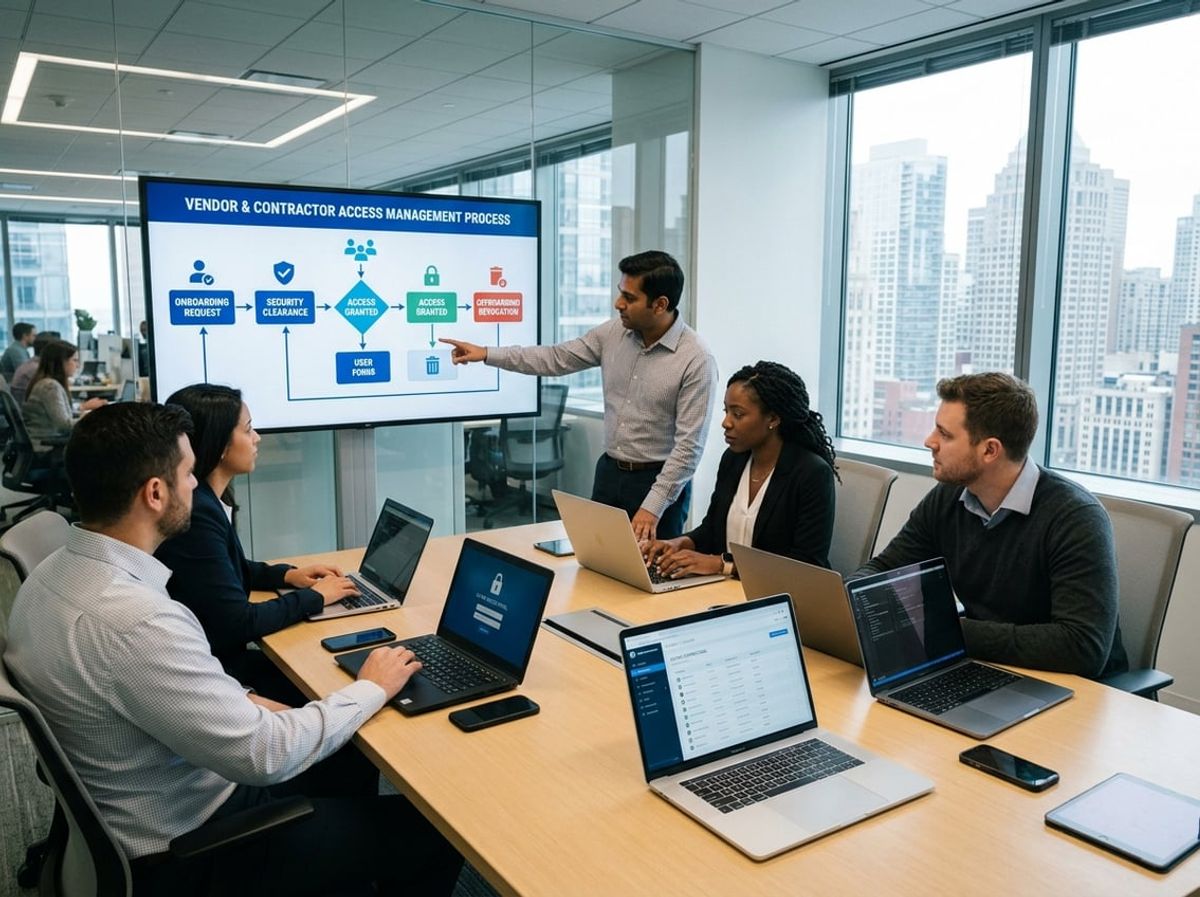 IT professionals monitoring automated account deprovisioning on office computer screens