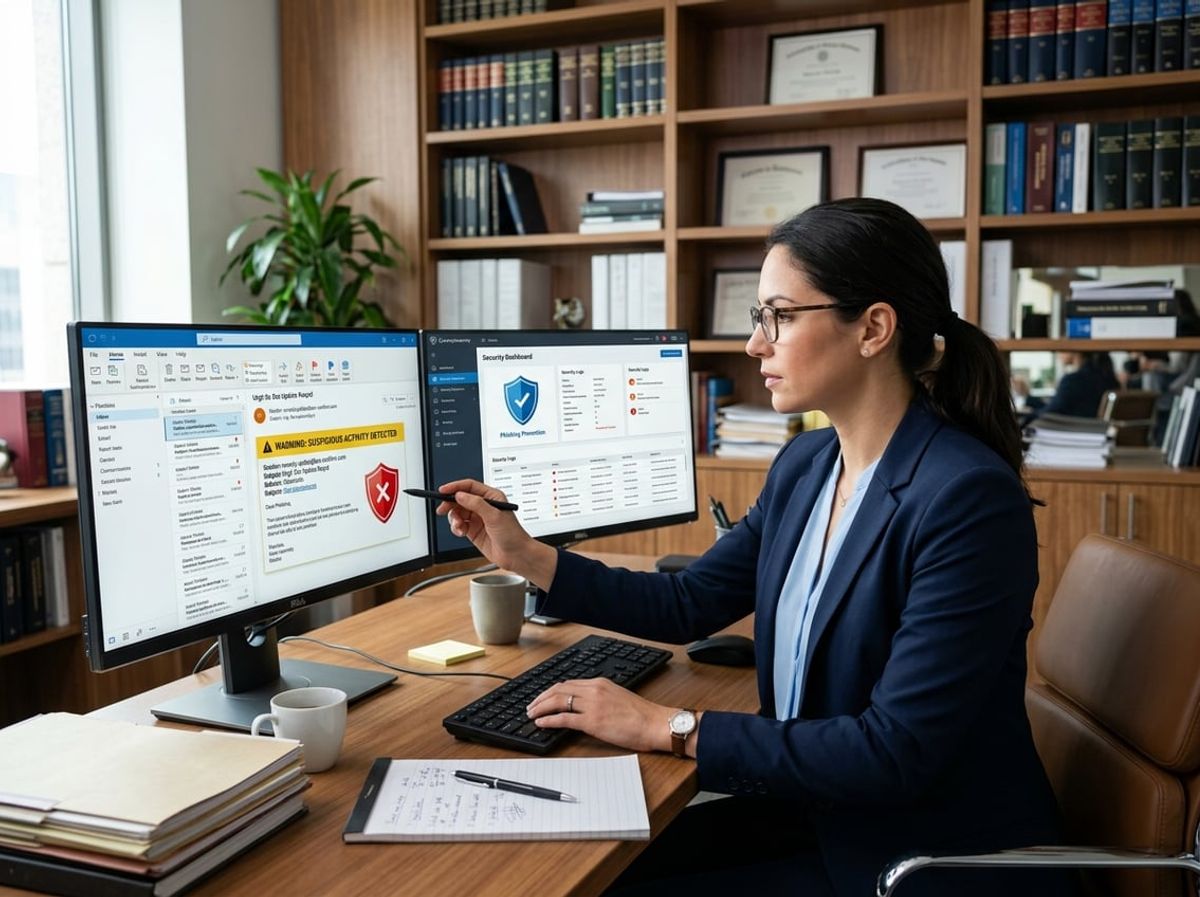 NYC skyline visible behind attorneys assessing cyber threats in a downtown office