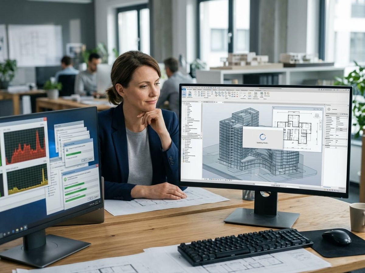 Professional monitors background system tasks competing with a loading building model