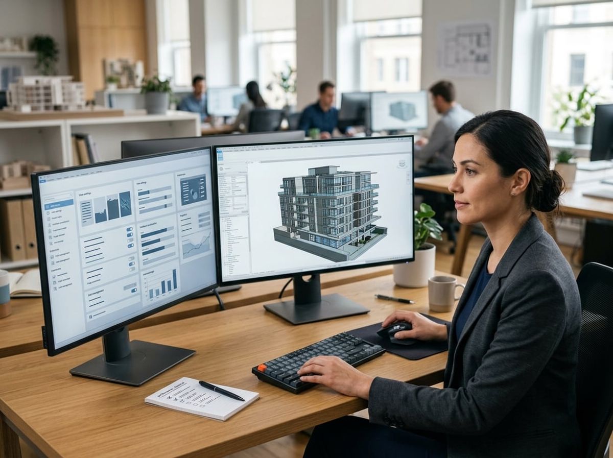 An architect reviews a building model and software settings on dual computer monitors in a modern office.