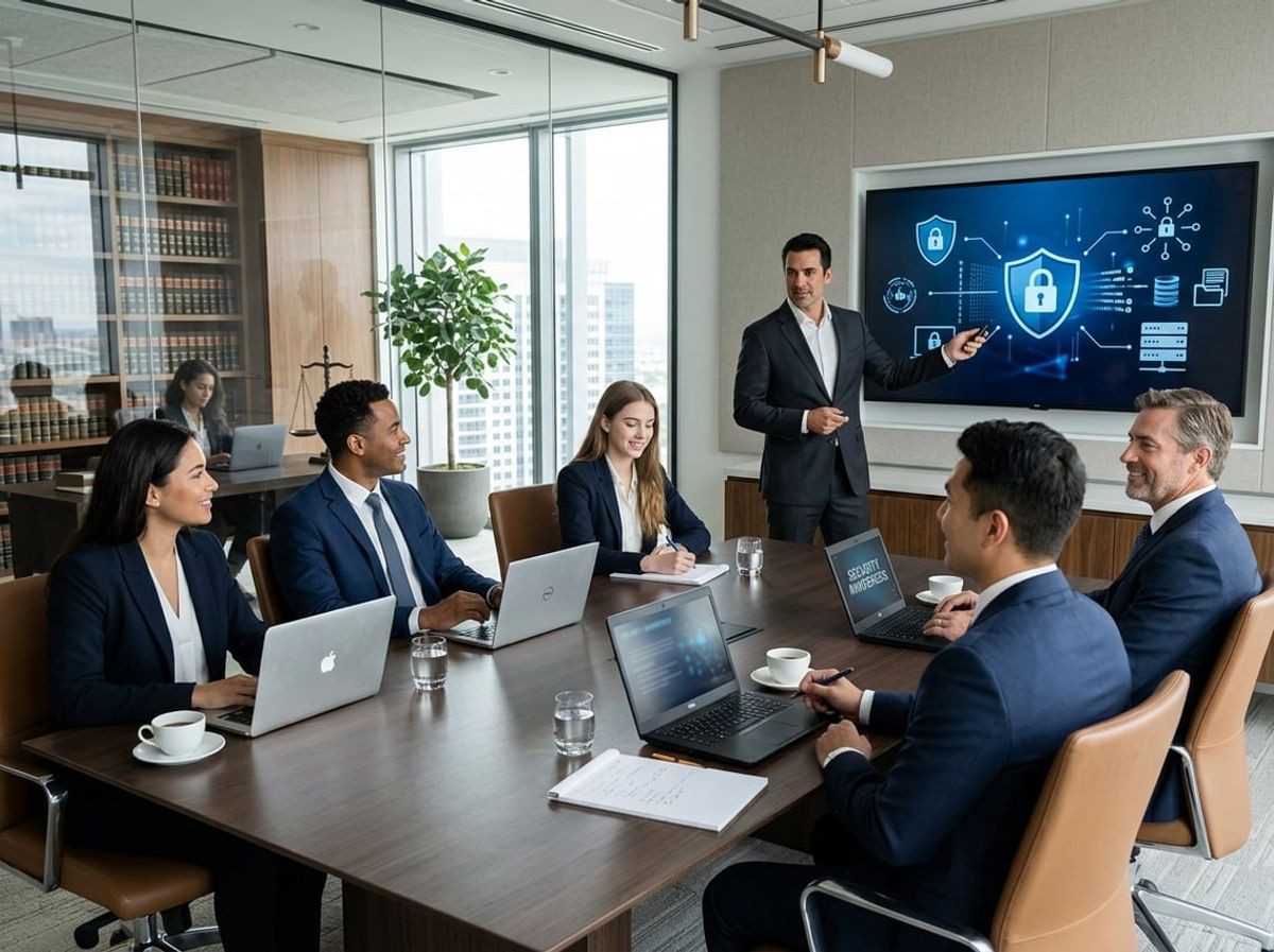 New associates and a partner reviewing onboarding security policies at a conference table