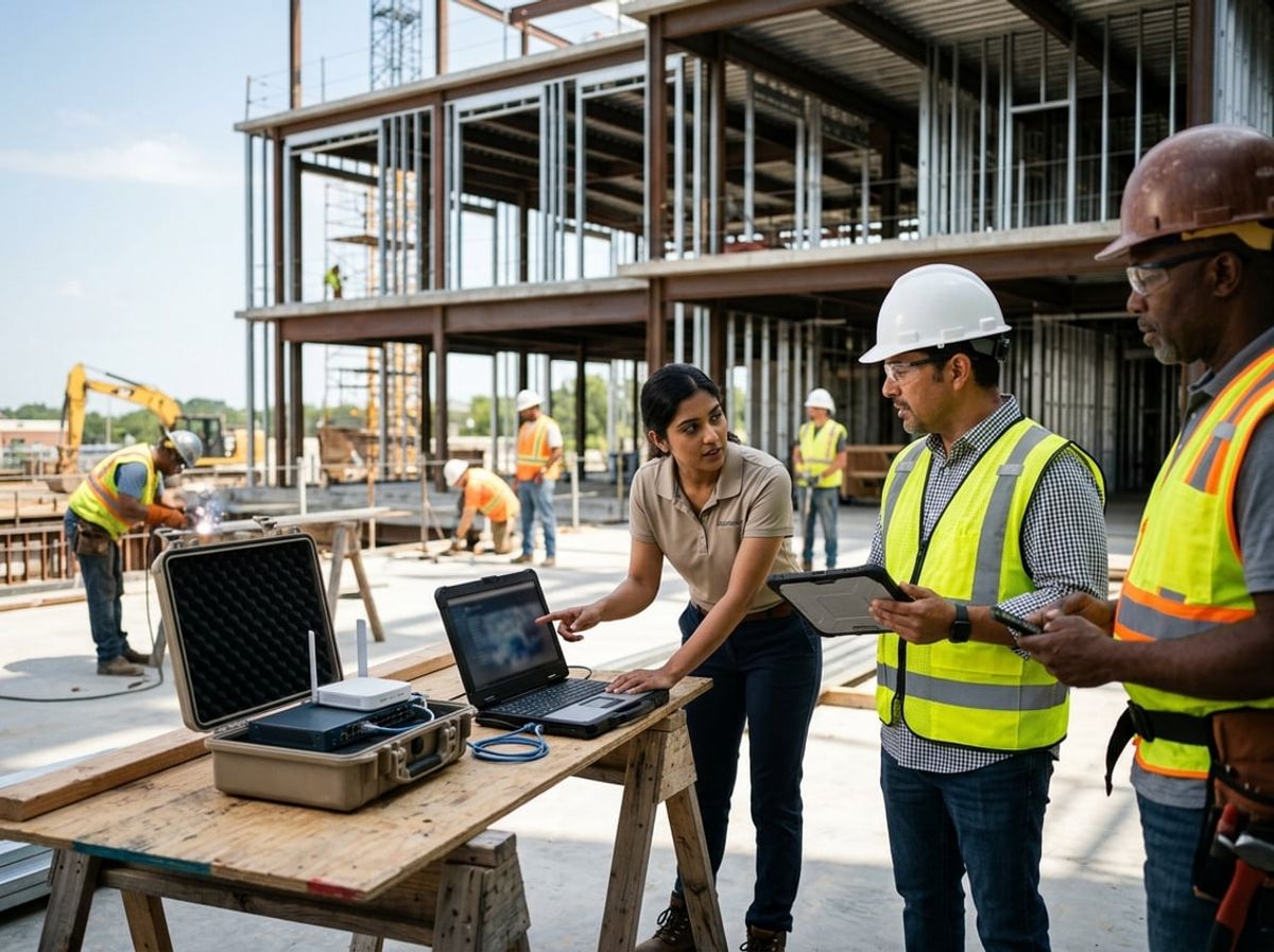 Field supervisor and technician troubleshoot a laptop near an active building site entrance