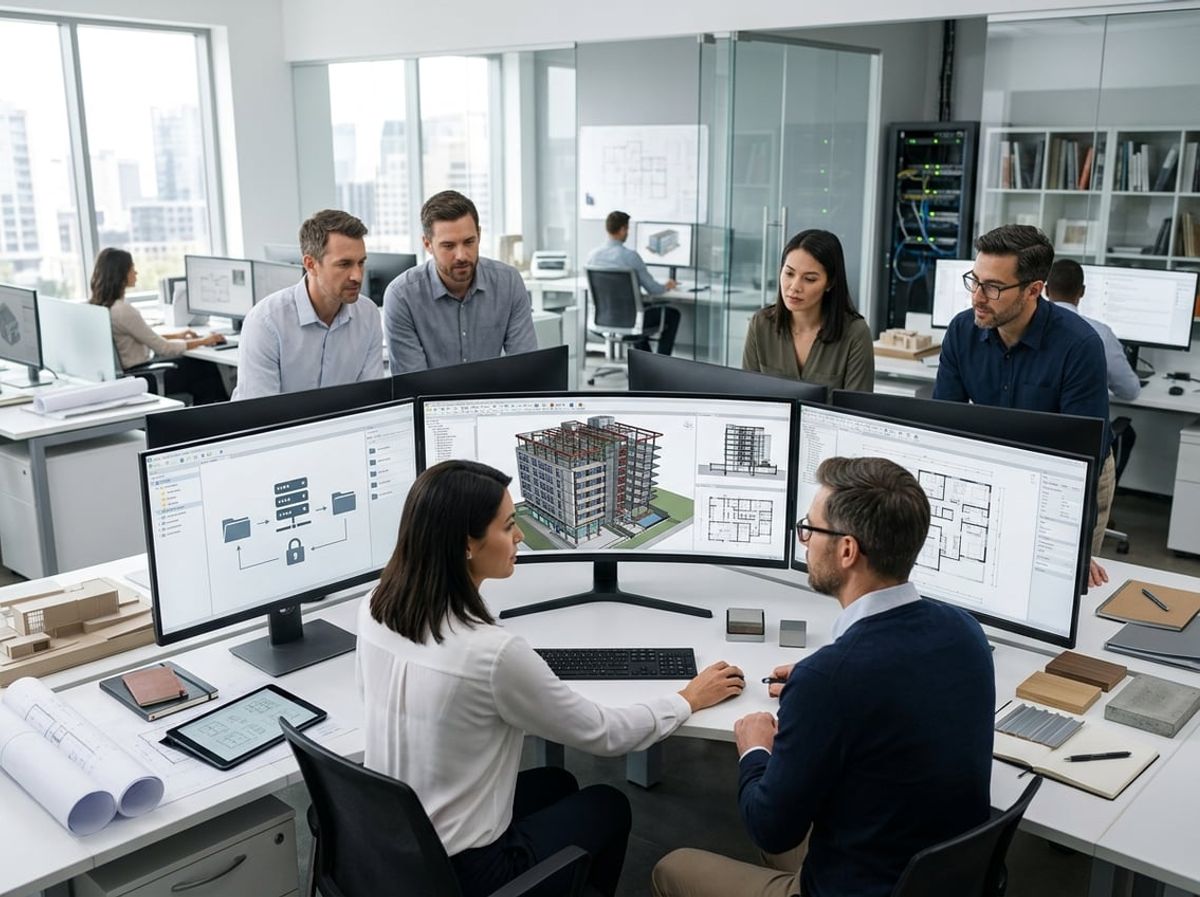 Design team gathered around a monitor showing a shared Revit central model during coordination