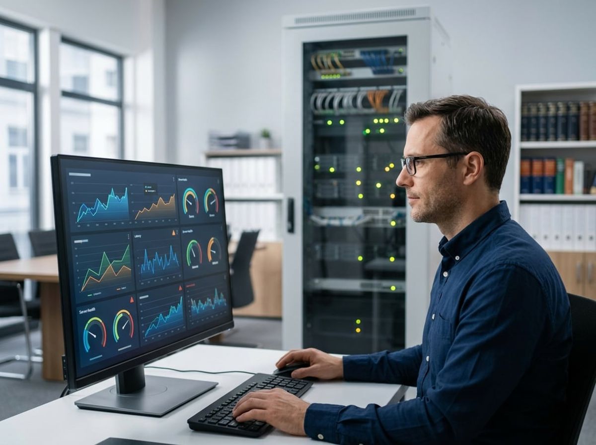 IT technician studying performance graphs on a dashboard monitoring a law firm network