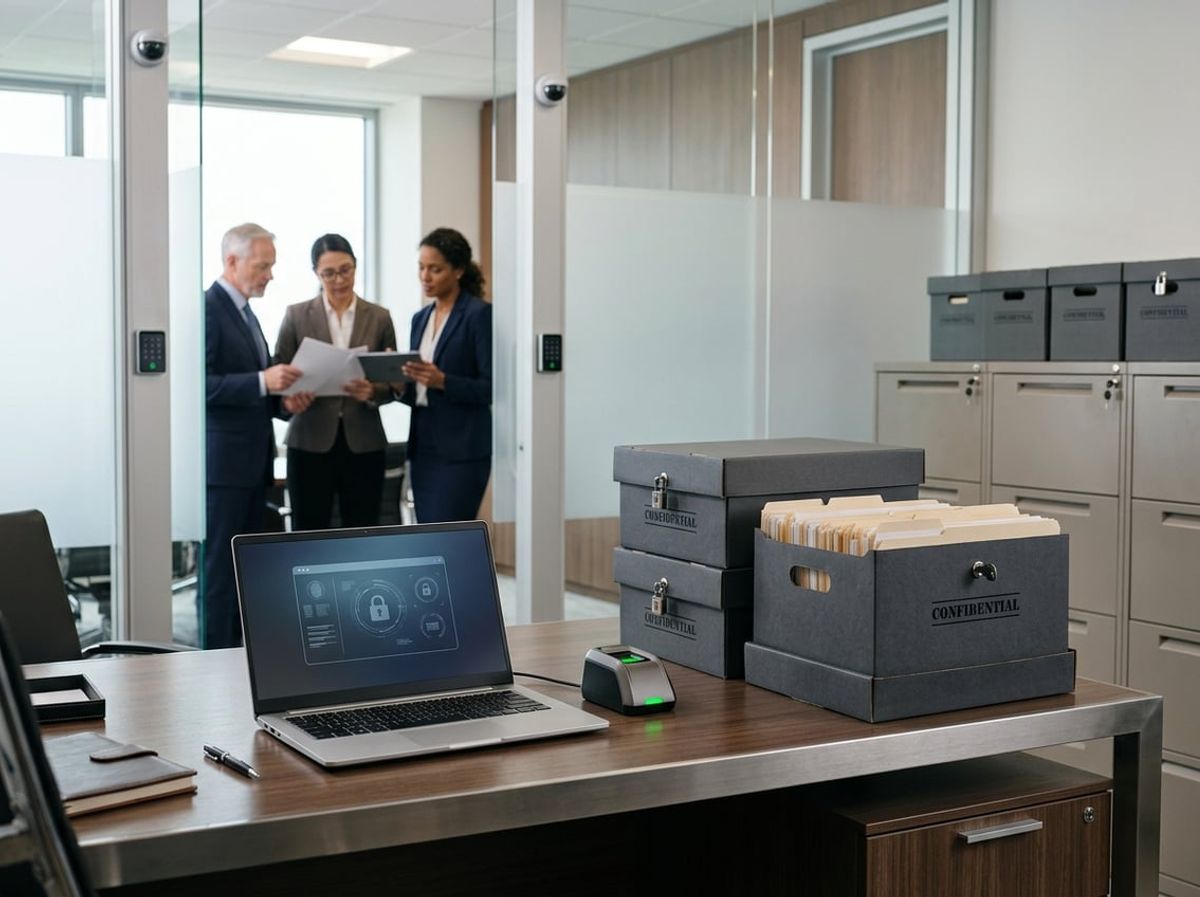 Legal team reviewing compliance documentation near locked storage and monitoring equipment