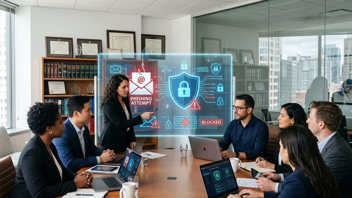 Law firm partners reviewing phishing prevention for law firms controls in a NYC office