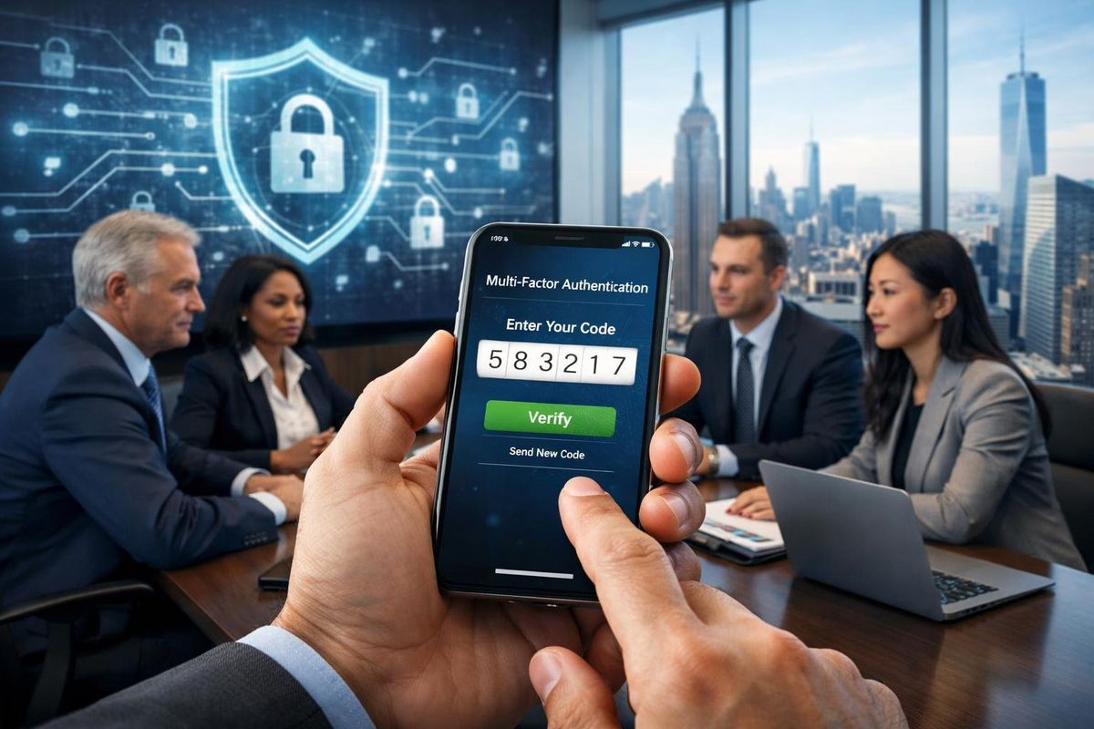 Business professionals in a modern law office using smartphones and laptops to secure data with multi-factor authentication, with a city skyline visible through large windows.