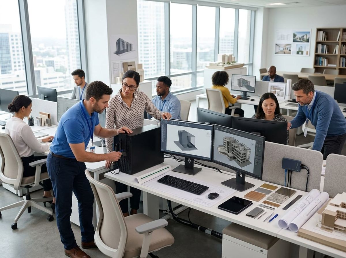 Two architects at dual monitor stations while a technician checks hardware performance nearby