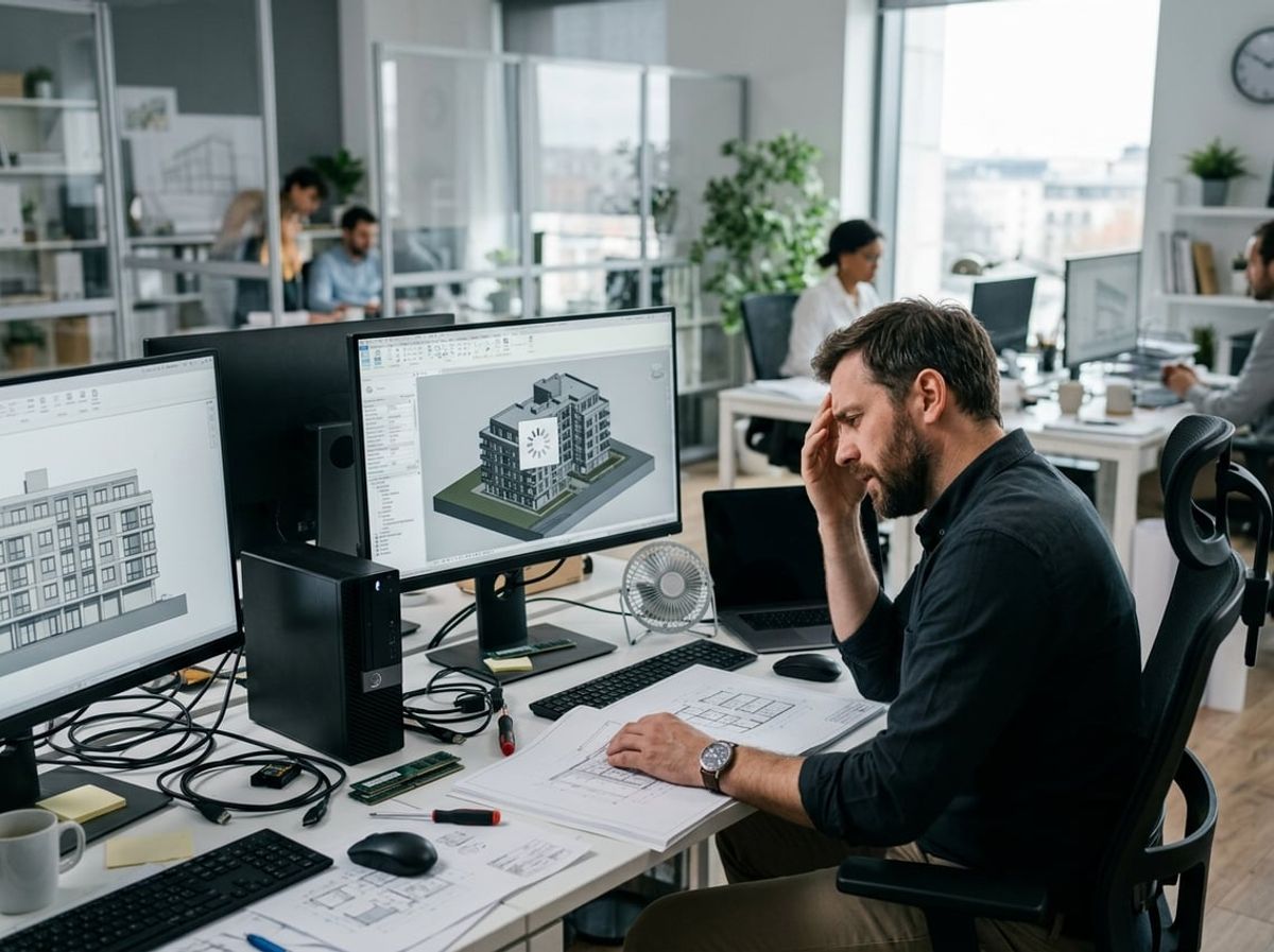 Frustrated designer restarts a workstation as a slow design program fails to respond