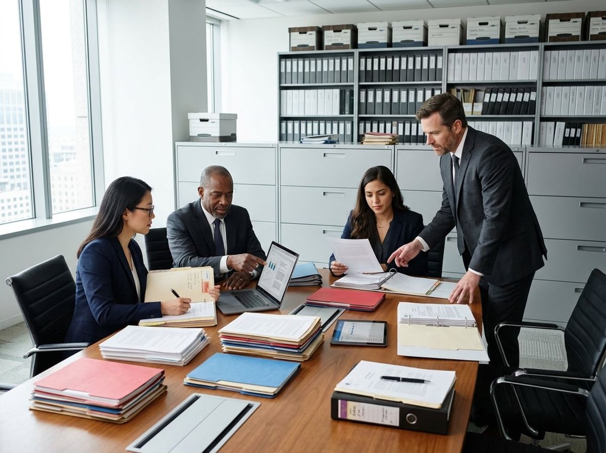 Business professionals in a law firm office collaborating around a table with legal documents and digital devices, surrounded by filing cabinets and shelves with archived binders.