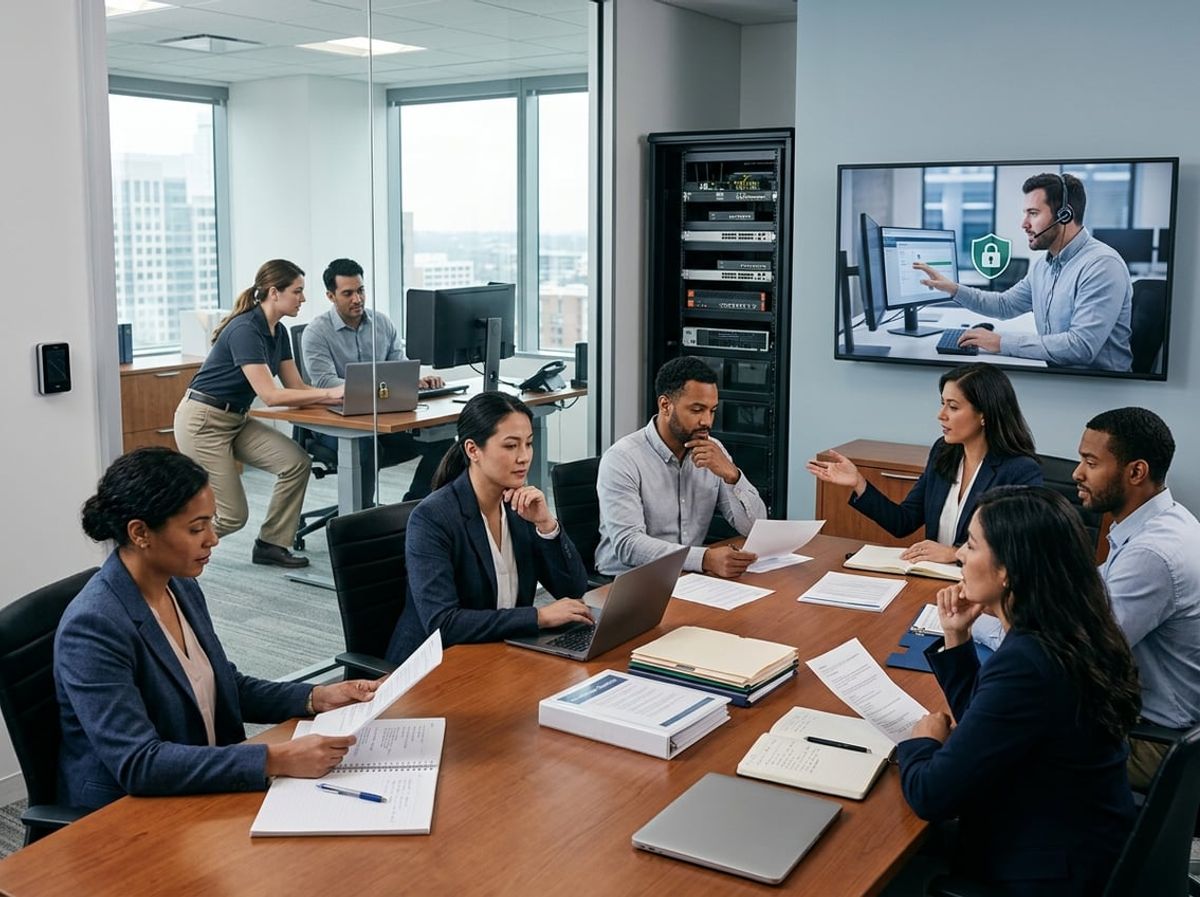 Firm leaders and IT advisors discussing a compliance checklist around a conference table