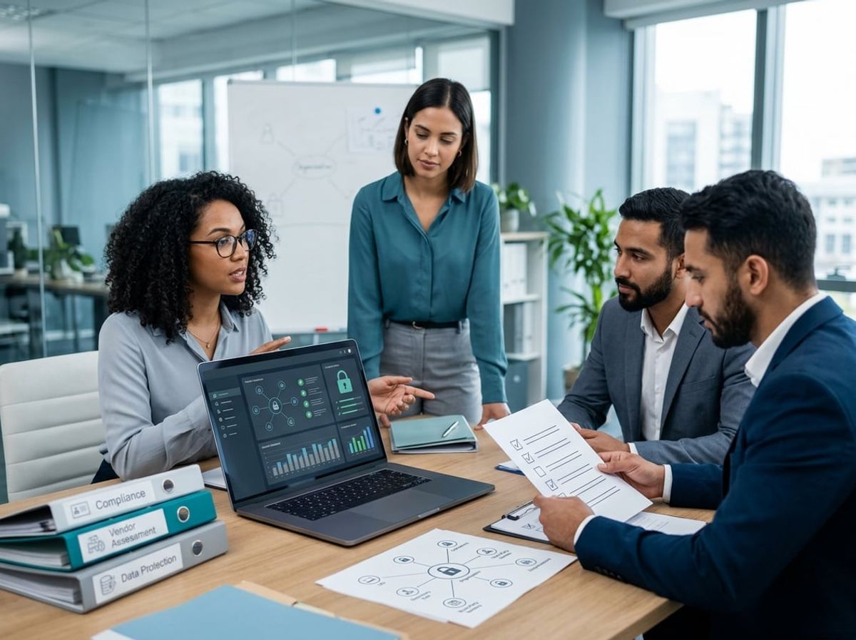 Law firm employees review a vendor security agreement displayed on a laptop screen