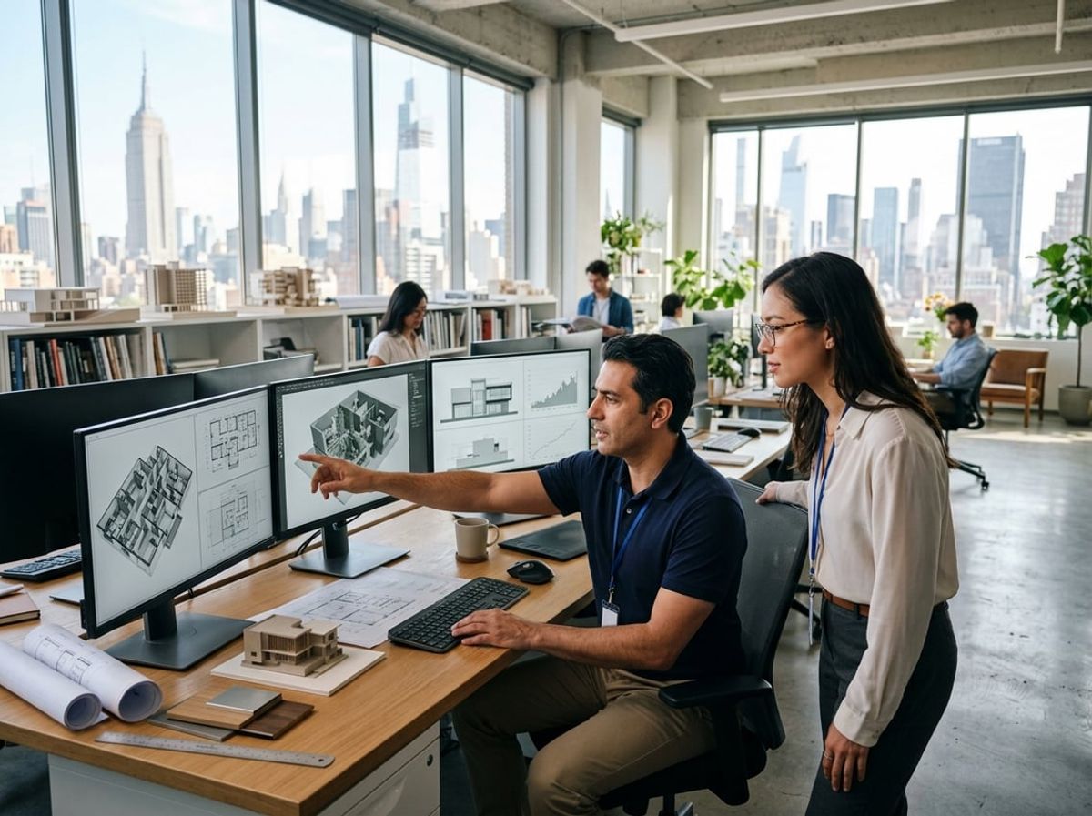 Technician and architect reviewing a workstation screen inside a busy New York design studio