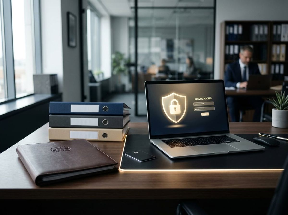 Digital lock icon glowing above confidential case folders and a laptop on a desk